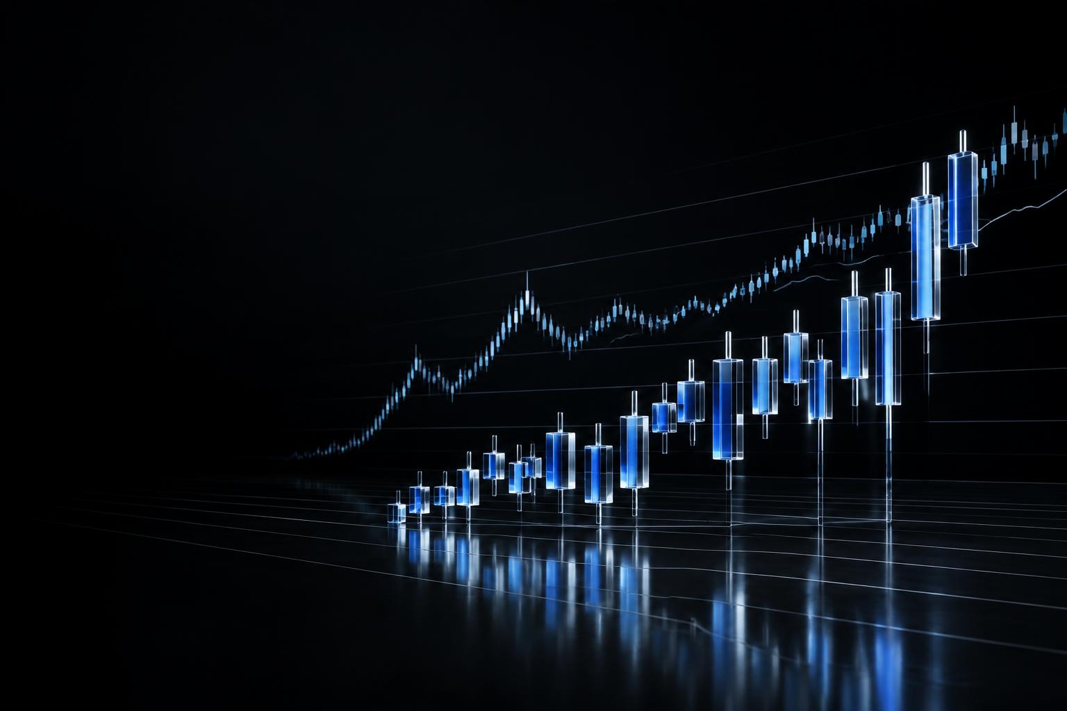 Baby-blue glass stock candlesticks against a black market chart
