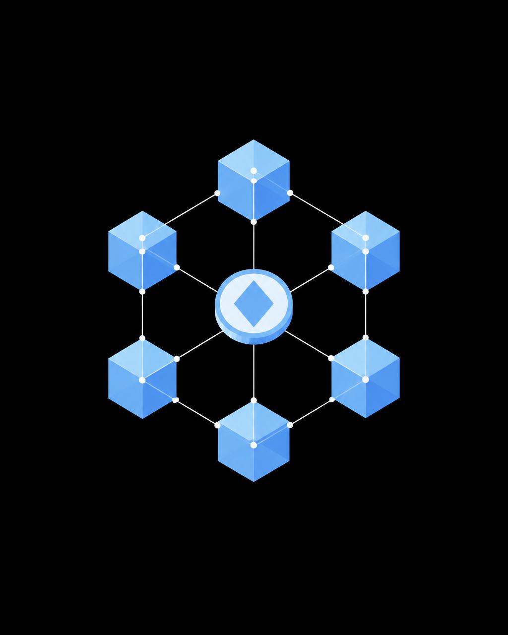 An abstract digital token connected to a network of blue blocks